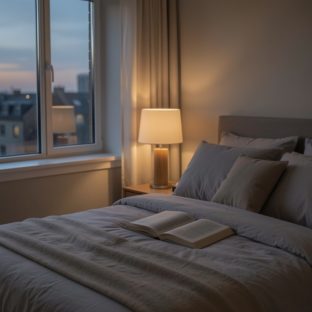 Bedroom window at nightfall with a soft bedside lamp, open journal on the pillow, and muted natural tones — evening wind-down environment