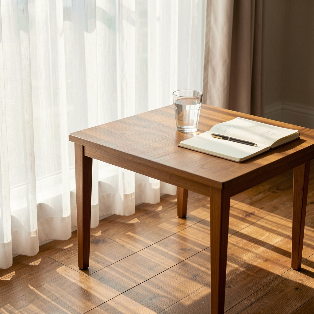 Morning light filtering through sheer curtains onto a wooden floor, a glass of water and a notebook on a simple table — slow morning practice