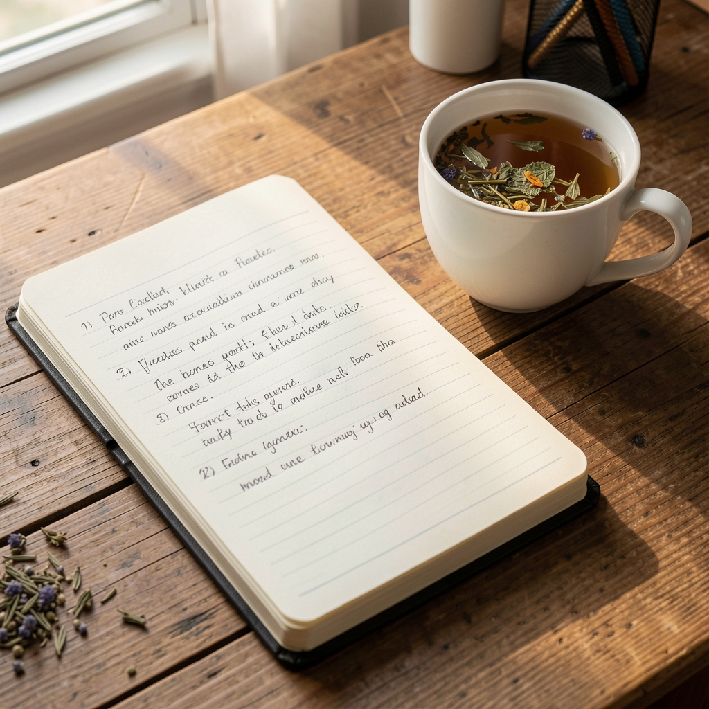 Notebook open on a wooden desk with handwritten coaching notes, a cup of herbal tea beside it in soft morning light