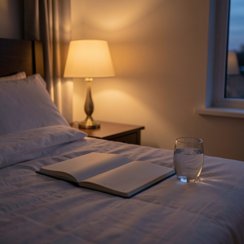 Dimly lit bedroom scene at dusk, bedside lamp casting warm light on an open notebook and a glass of water — evening rest preparation