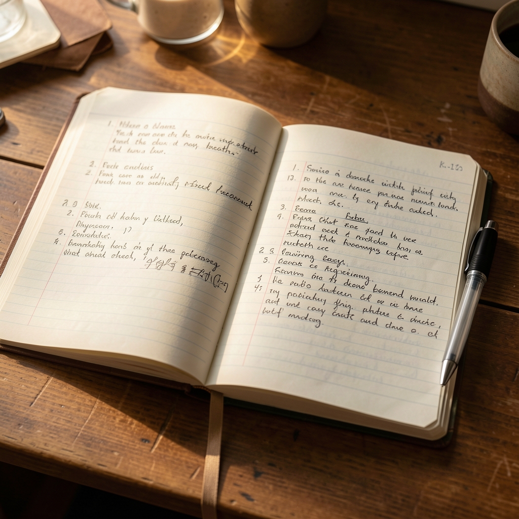 Open research notebook with handwritten field notes on a wooden desk in warm natural light with a pen resting in the margin